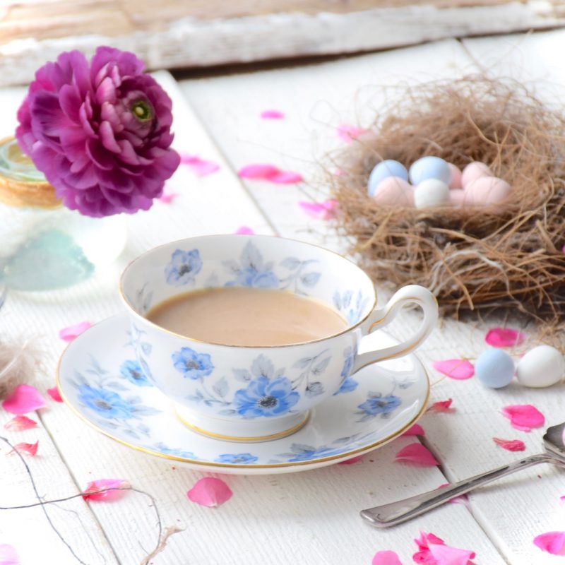 Tea time with Easter eggs and a bird nest